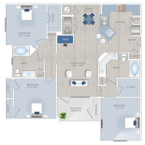 Floor plan for 3 beds, 2 baths, 1437 sqft